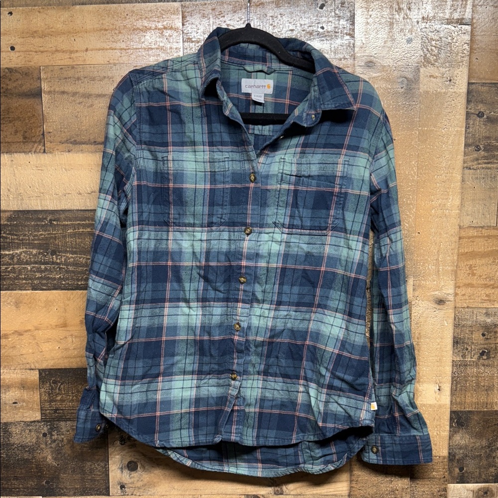 Carhartt Green and Blue Plaid Long Sleeve Button Down Shirt Women's Size S‎ 4-6